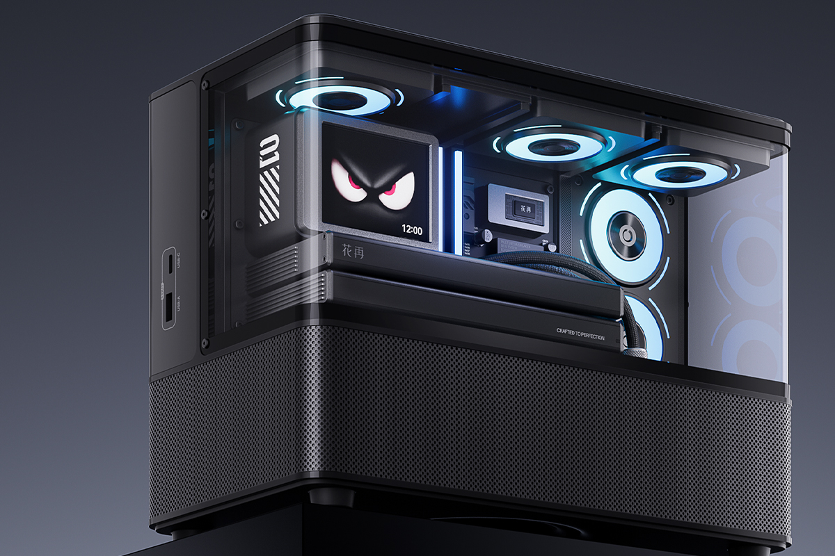 Edifier’s Cyber speaker showing off its internal RGB lighting.