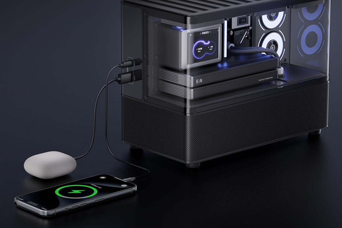 A smartphone and wireless earbuds connected to the Edifier Cyber speaker.