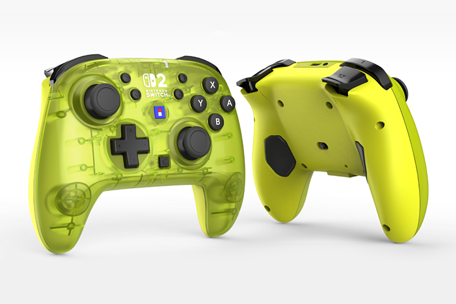 The front and back of the Horipad Turbo wireless controller in shine yellow.