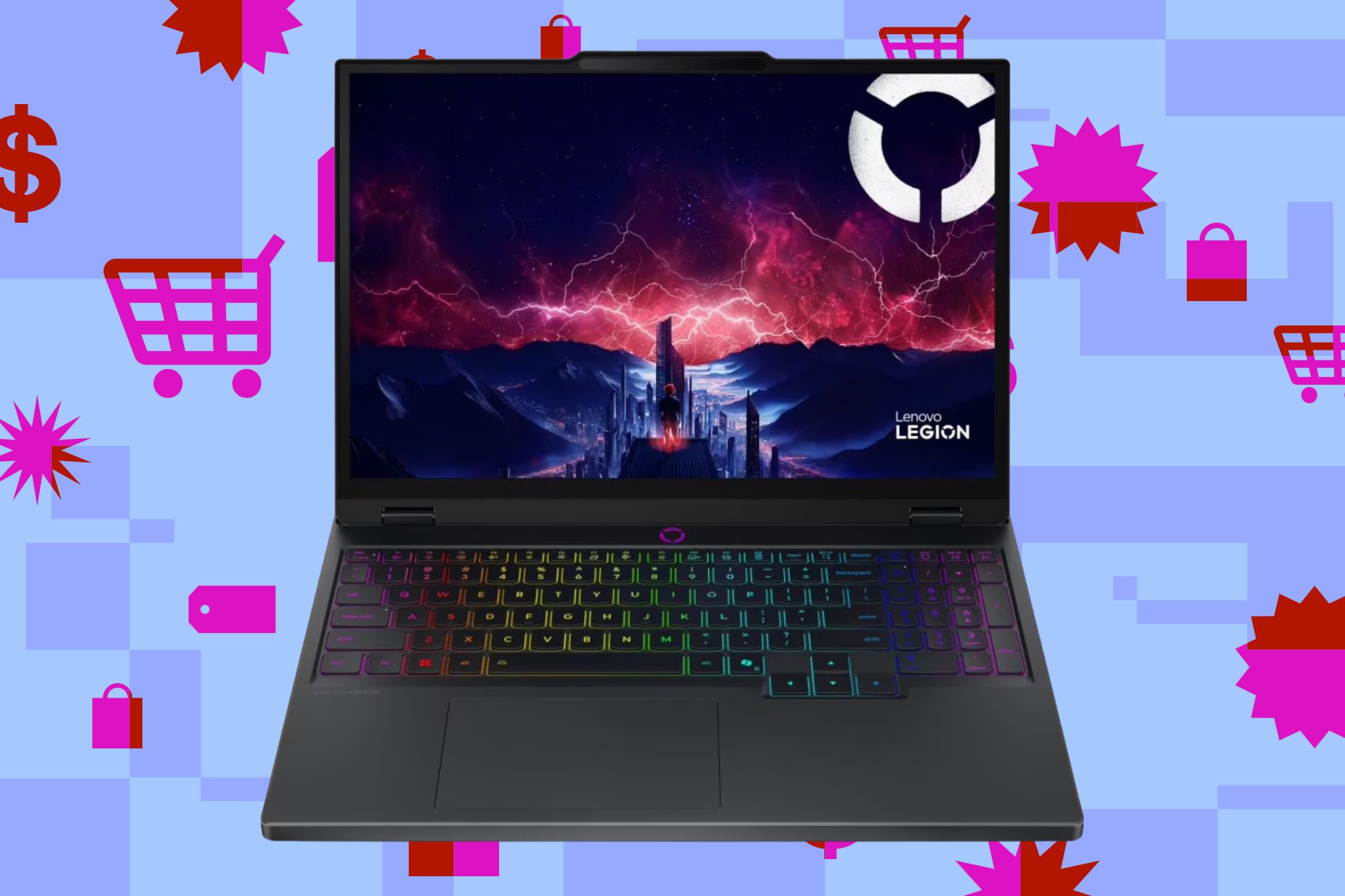 An image showing the Lenovo Legion 5 gaming laptop opened, revealing its backlit RGB LED keyboard and a 15.1-inch OLED screen. The laptop is on a purple background with magenta shopping-related symbols.