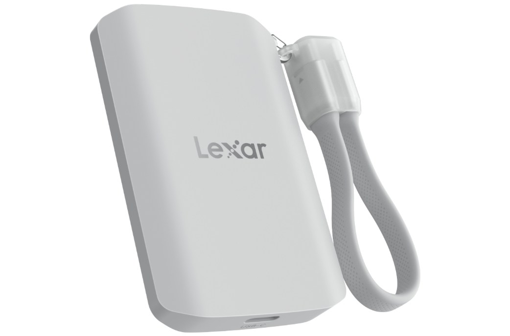 The Lexar ES5 portable SSD with a USB-C cable lanyard attached.