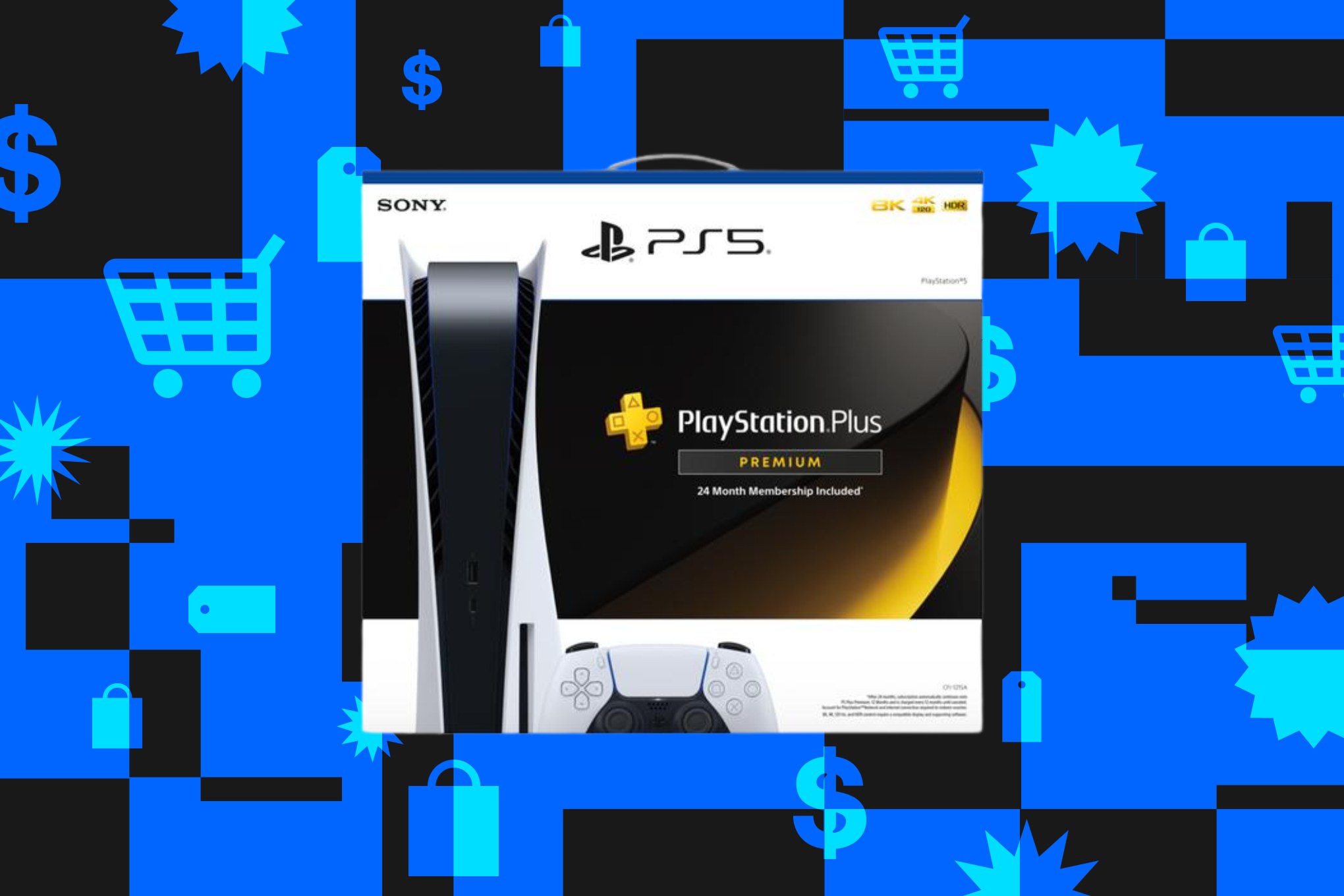 An image showing a PlayStation 5 box, which lists that it includes the original disc-based console with 24 months of PS Plus Premium subscription.