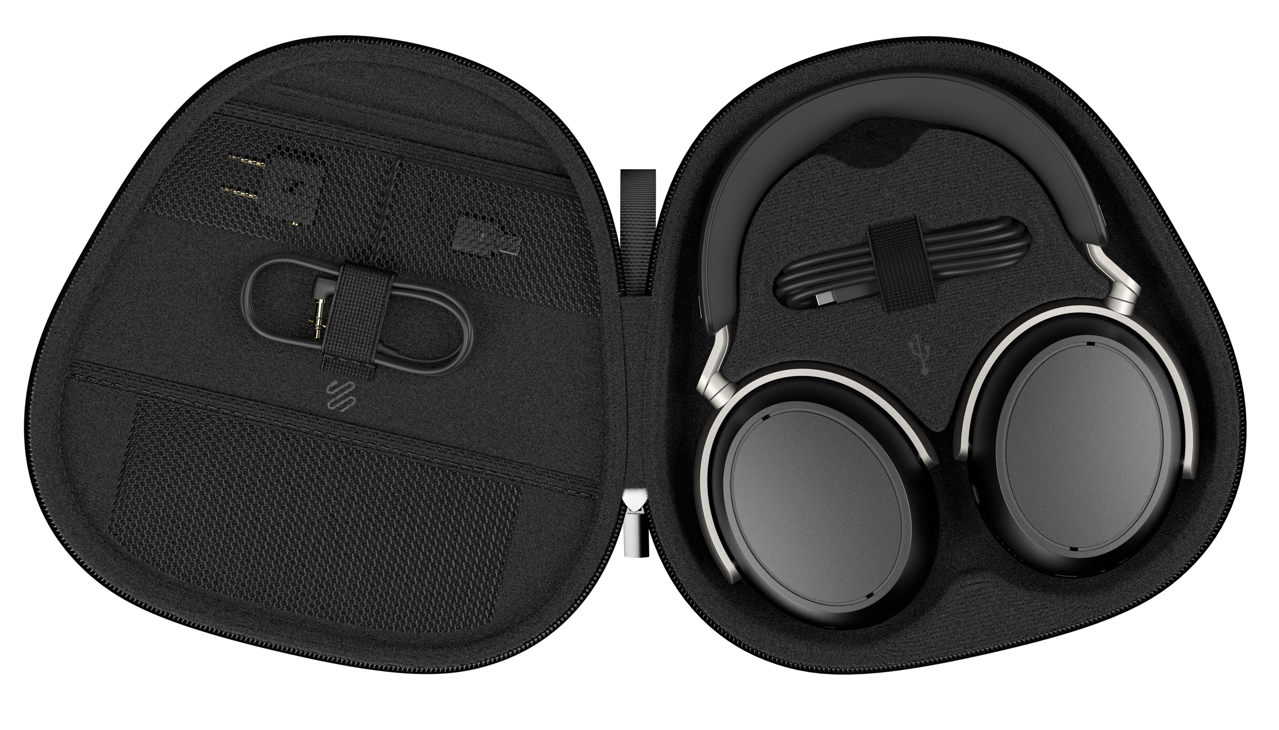 The Sennheiser HDB 630 wireless headphones inside their included carrying case. The Sennheiser HDB 630 wireless headphones inside their included carrying case.