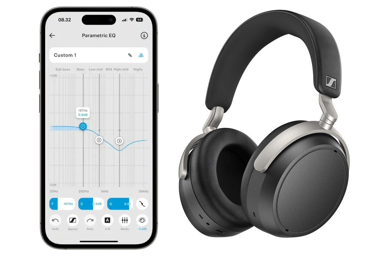 The Sennheiser HDB 630 headphones next to a smartphone running the company’s mobile app. The Sennheiser HDB 630 headphones next to a smartphone running the company’s mobile app.