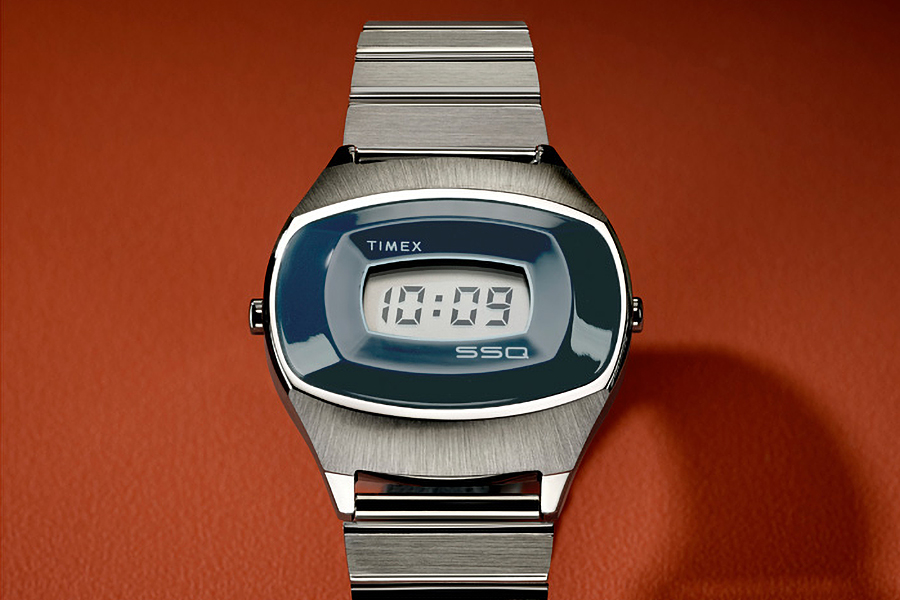 A close-up of the Timex SSQ Digital Reissue watch’s face.