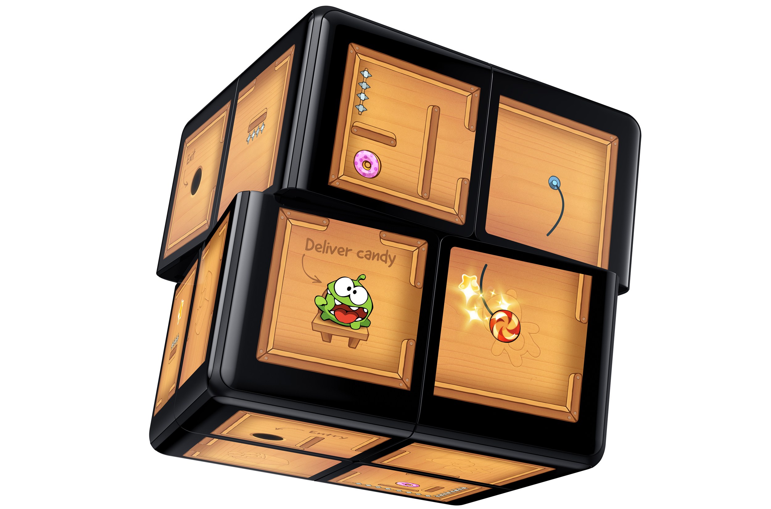 A version of Cut the Rope being played on the Rubik’s WOWCube.