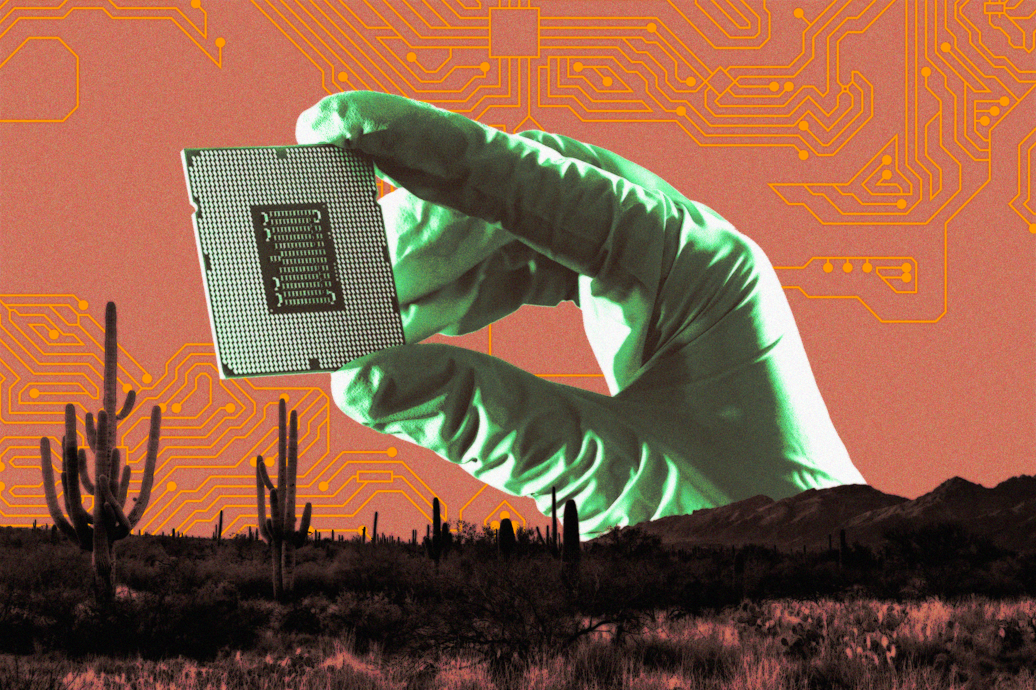 Surrealist art depicts a large gloved hand holding a microchip with two fingers against a desert background