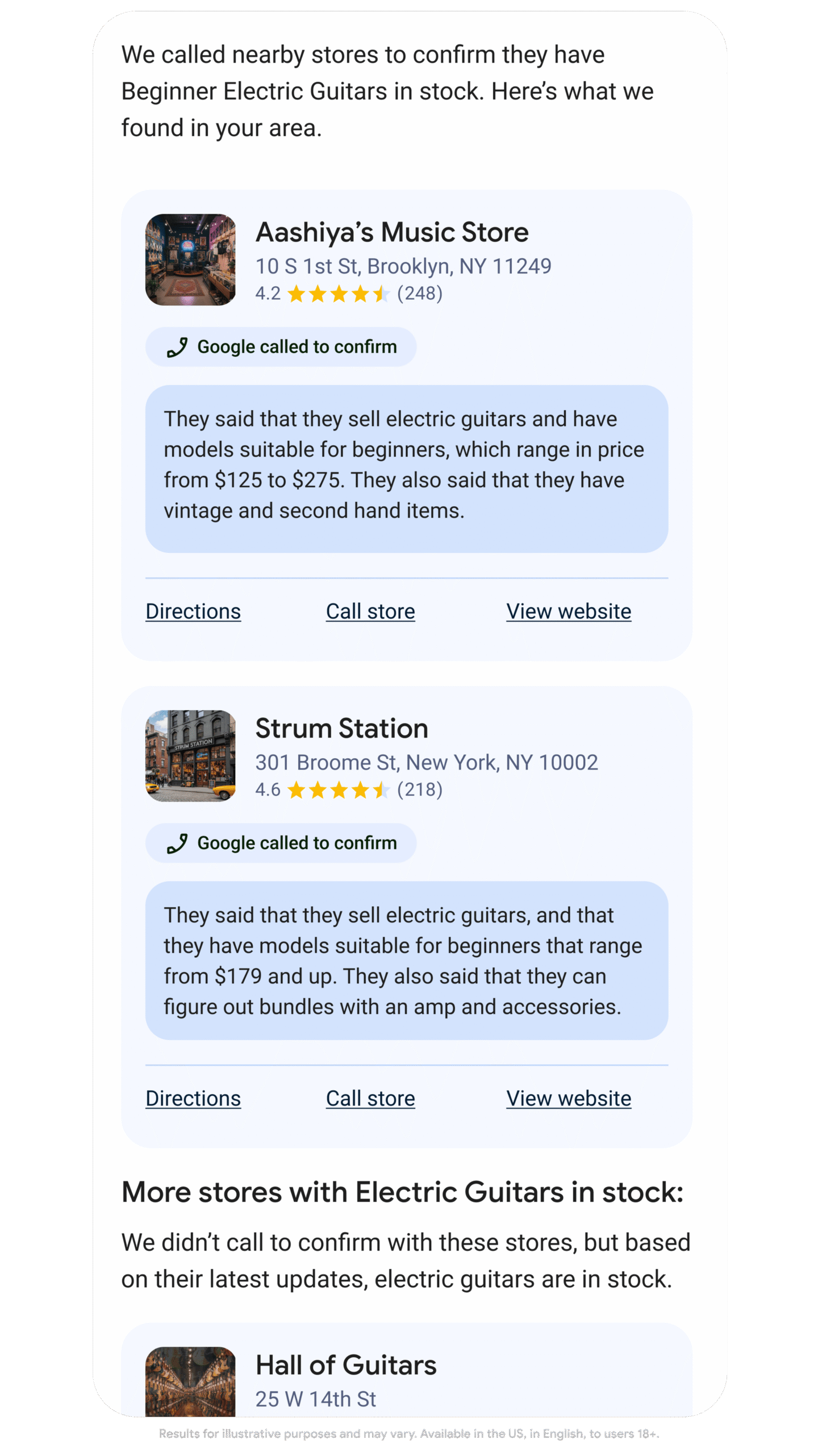 Google’s AI agentic calling report showing a list of local stores that were called, along with notes from the call.