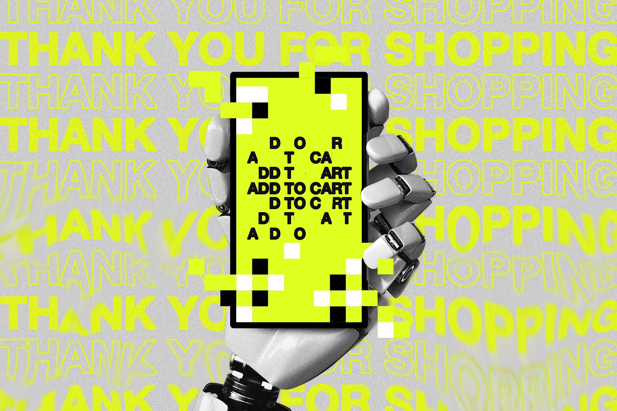 A photo illustration of a smartphone with overlaid text related to e-commerce.