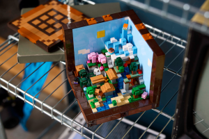 The Lego Minecraft The Crafting Table on a shelf.