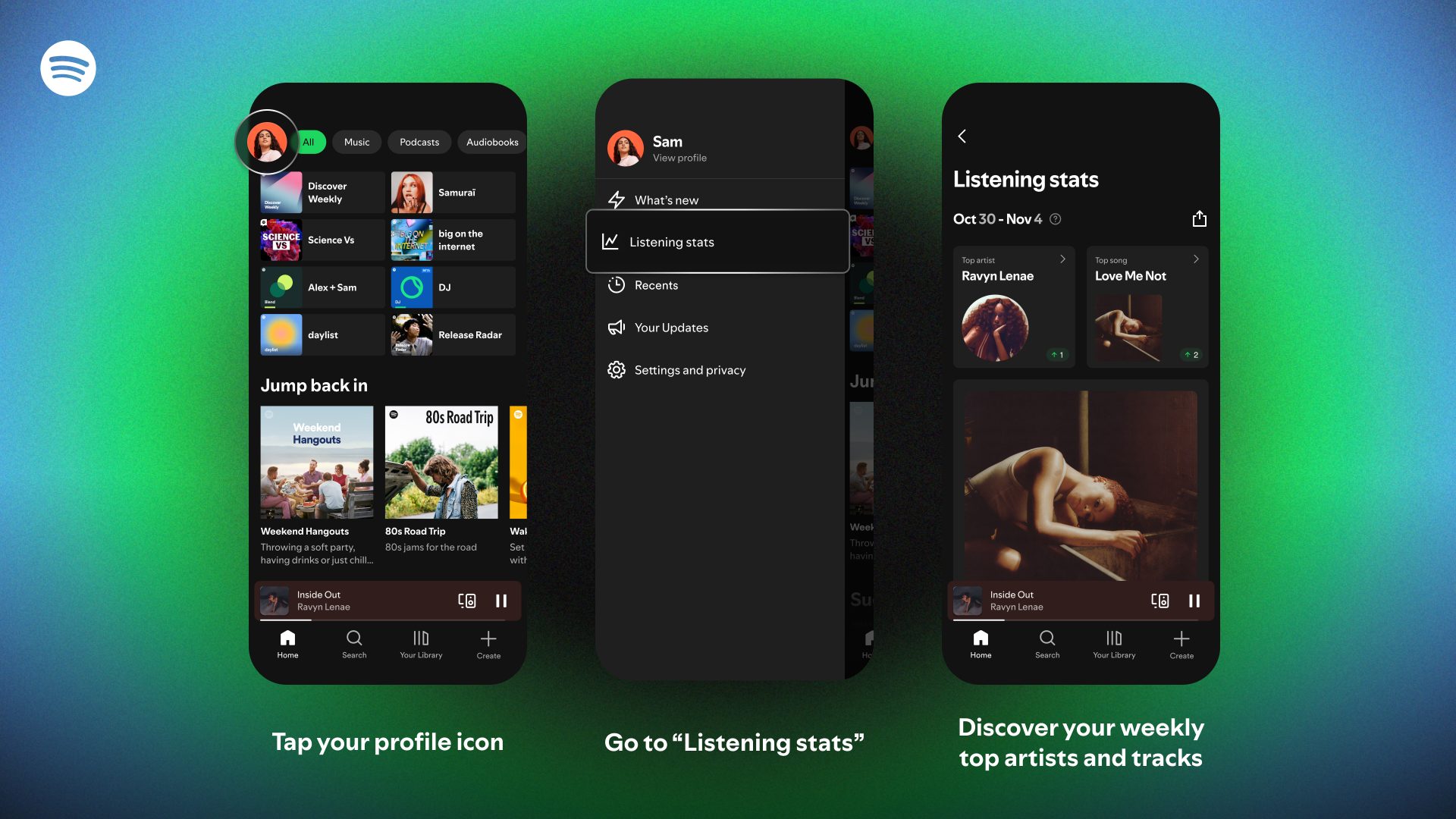 Three screenshots of the Spotify mobile app showing how to access the listening stats feature.