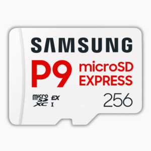 The Samsung P9 microSD Express Card on a light gray background.