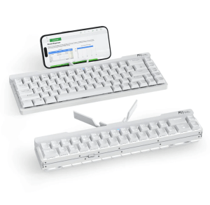 Two keyboards next to a phone, one opened, one folded.