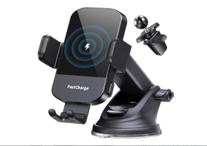 Car phone holder with wireless charging back and stand.