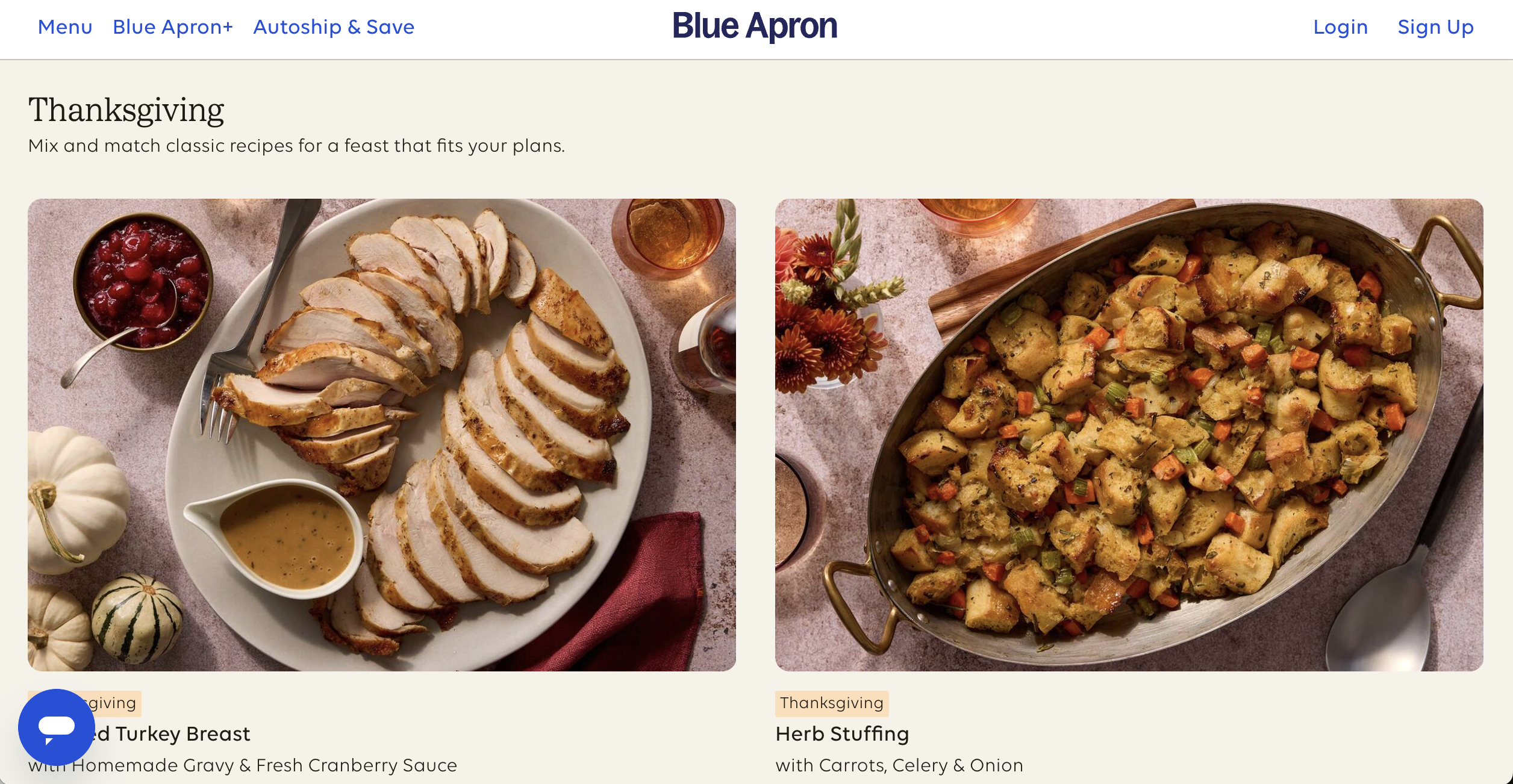 Blue Apron web page showing a plate of turkey break slices on the left, and a plate of herb stuffing on the right.