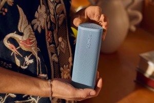A marketing image of a blue Sonos Roam 2 speaker.