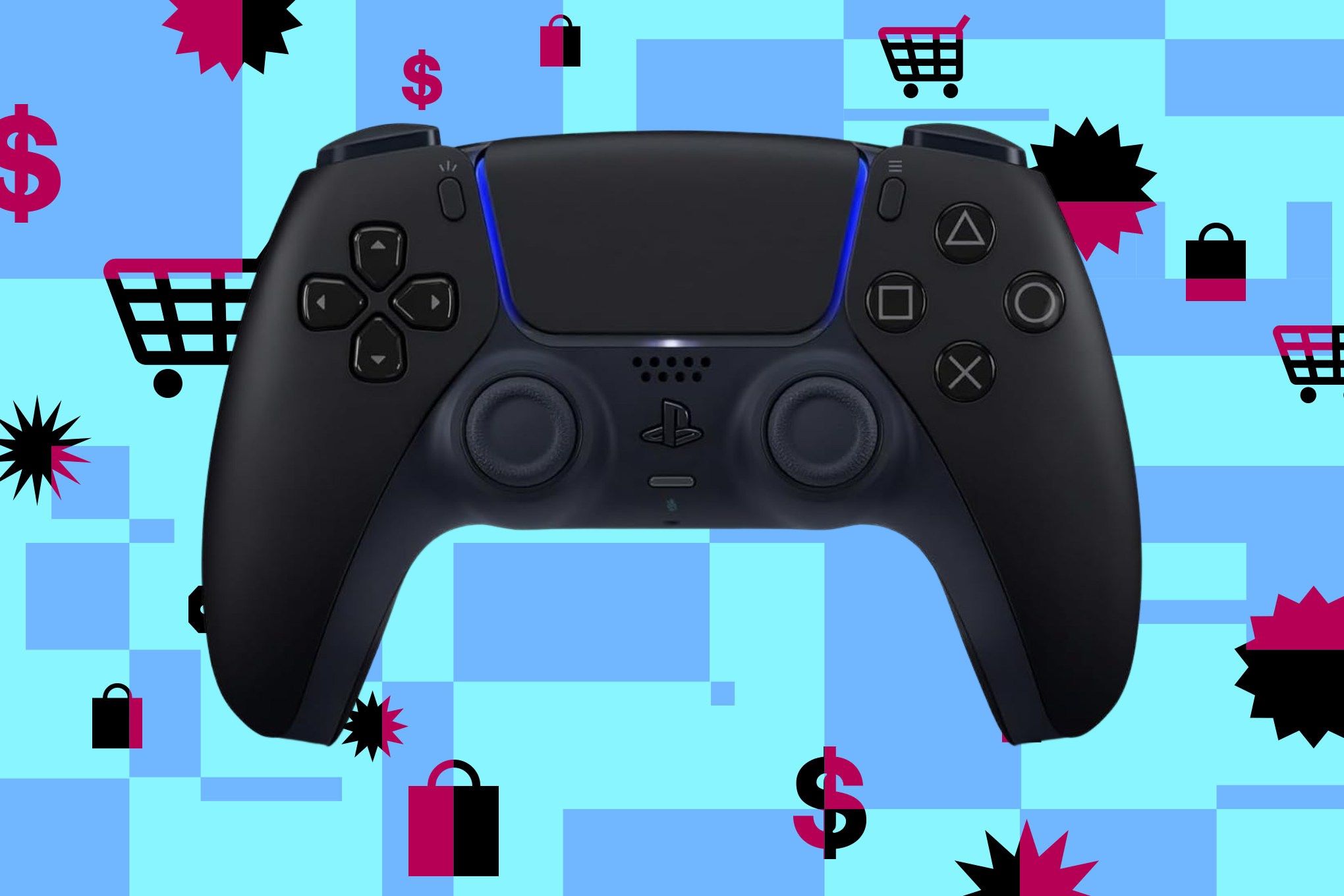 The PlayStation 5 DualSense controller on a blue and purple background.
