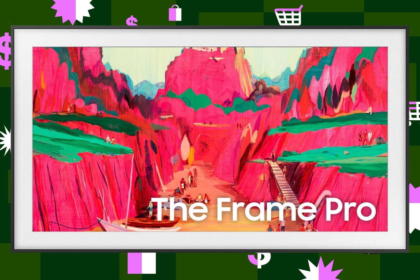 Samsung’s Frame Pro 4K TV on a green and pink background.