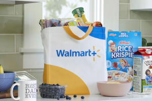 A Walmart Plus stock image with groceries and other kitchen items.