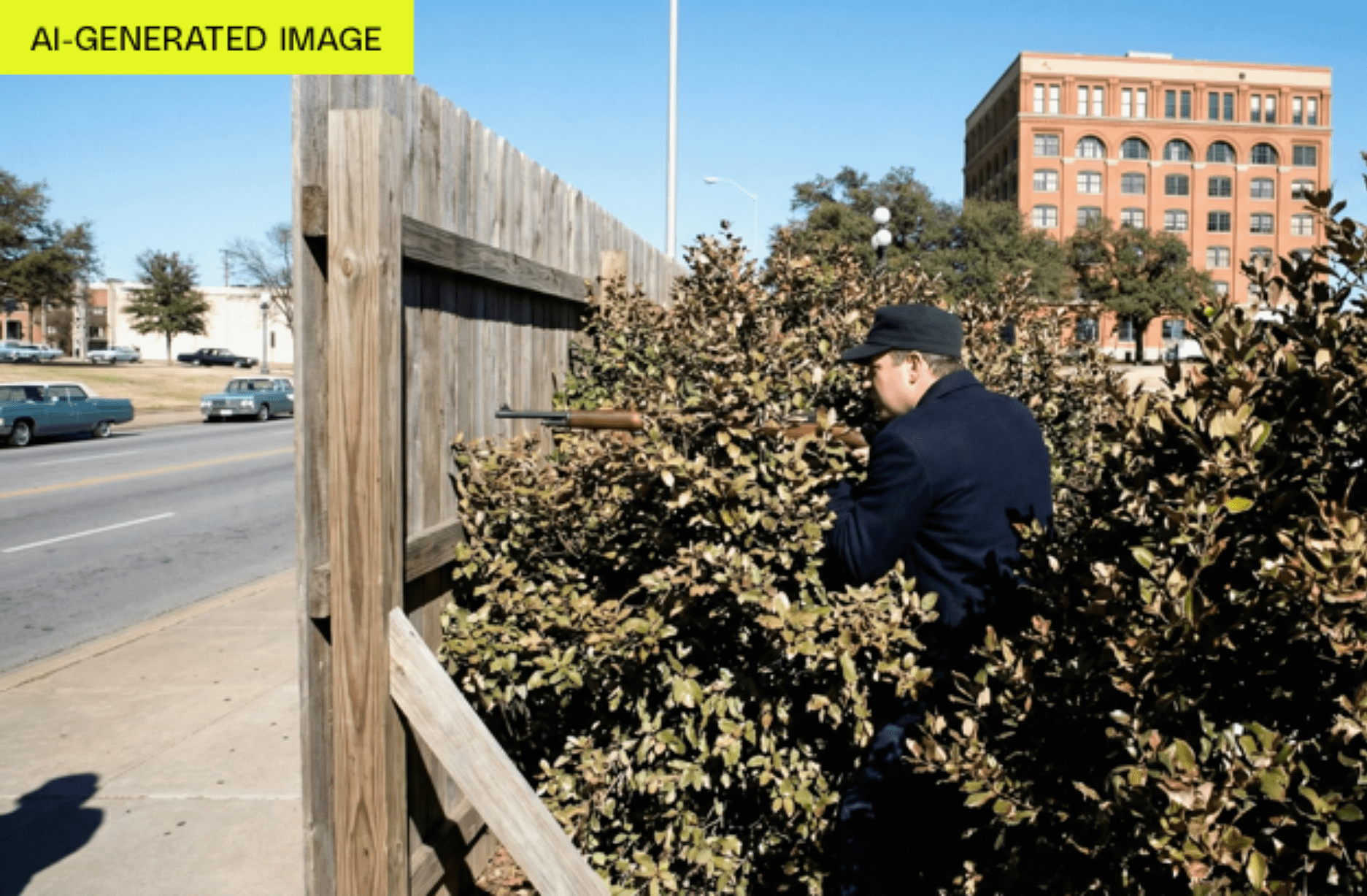 A man hidden inside the bushes with a rifle aimed at the street with cars passing on the other side of a fence. The Dealey Plaza book depository is in the distance.