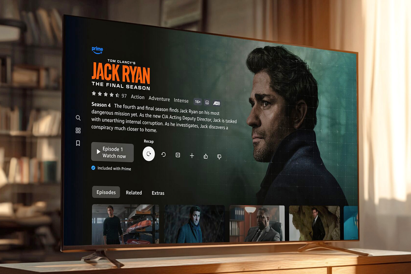 A TV showing the Amazon Prime interface and the Tom Clancy’s Jack Ryan show.