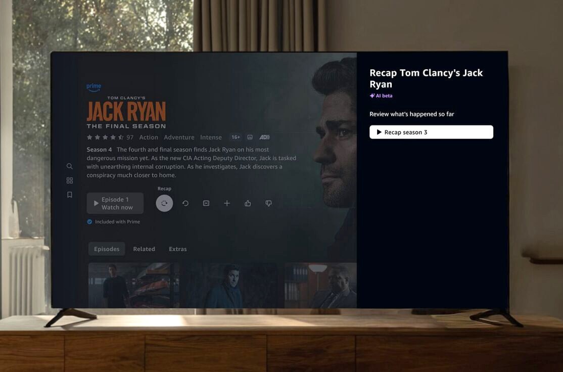 A TV showing the Amazon Prime interface and the Tom Clancy’s Jack Ryan show.