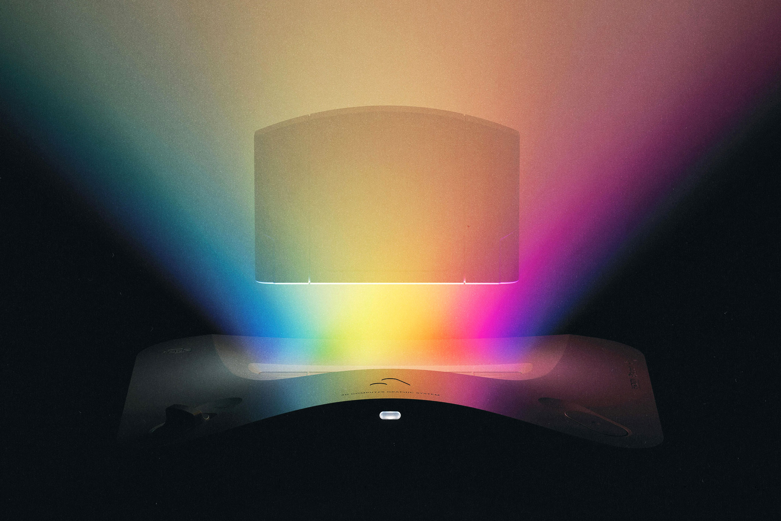 Rainbow light coming out of the Analogue 3D console while a cartridge floats above it.