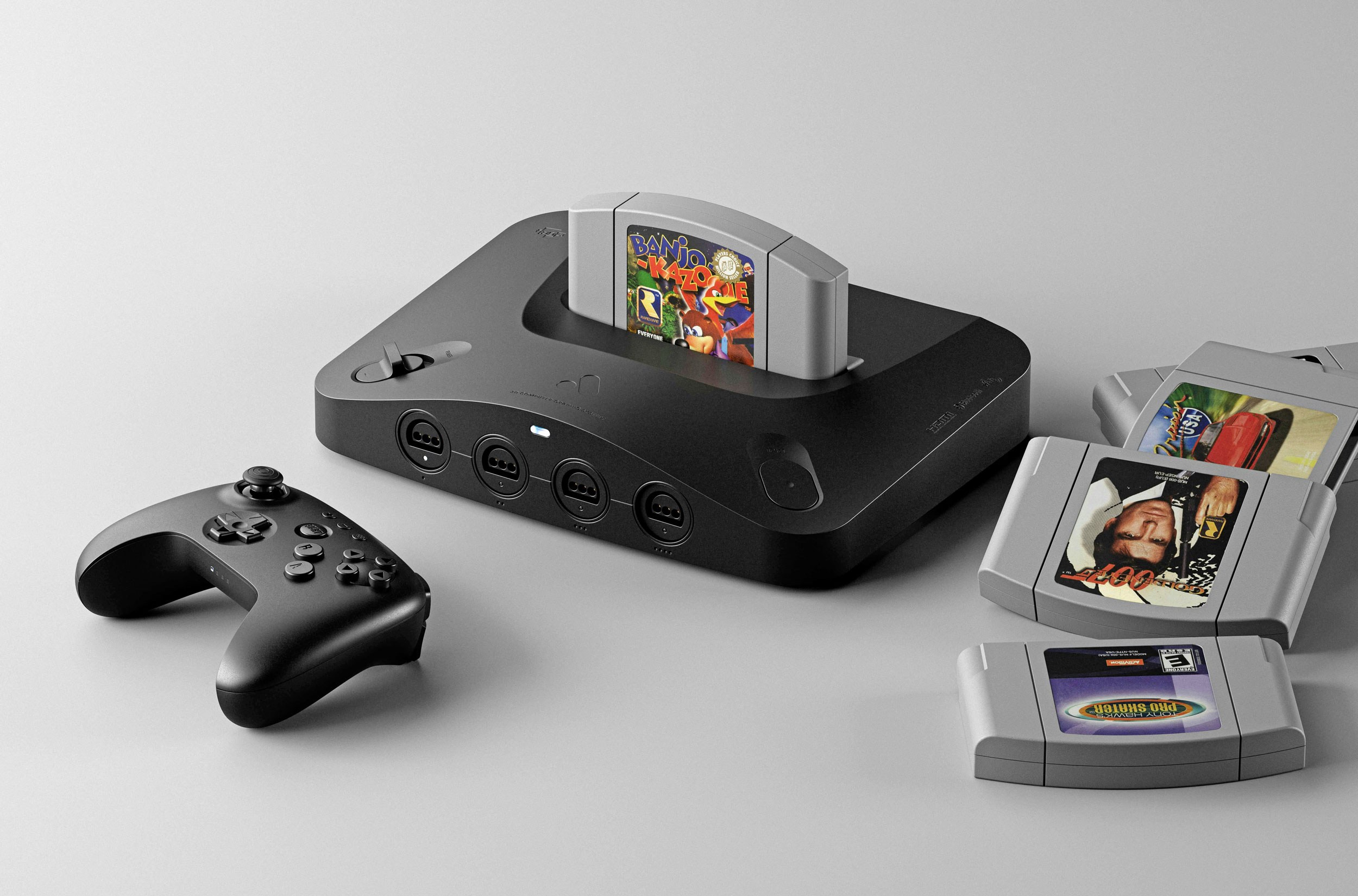 The Analogue 3D next to a bunch of N64 cartridges and an 8BitDo controller. The Analogue 3D next to a bunch of N64 cartridges and an 8BitDo controller.