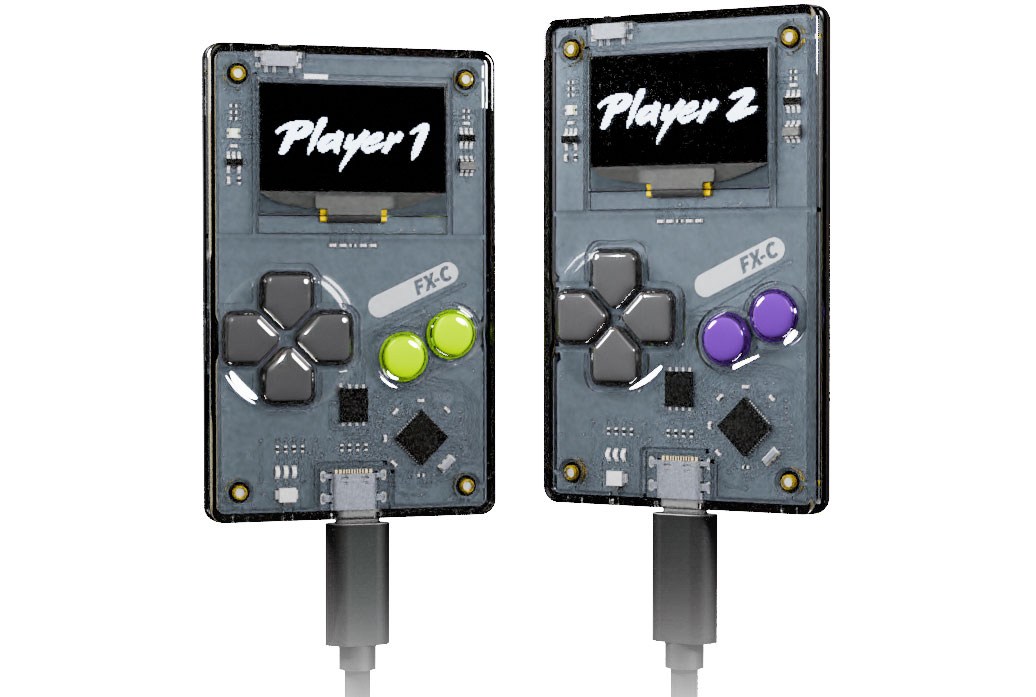 Two Arduboy FX-C handhelds connected to each other using a USB-C cable. Two Arduboy FX-C handhelds connected to each other using a USB-C cable.