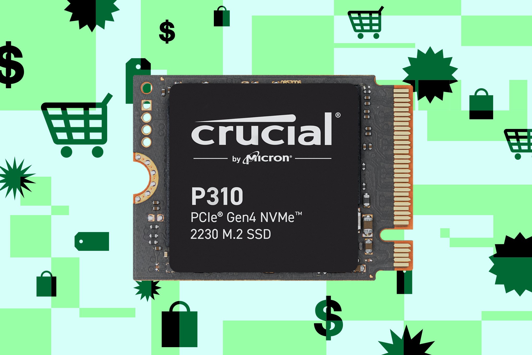 An image showing Crucial’s P310 2230-size M.2 SSD on a green abstract background.