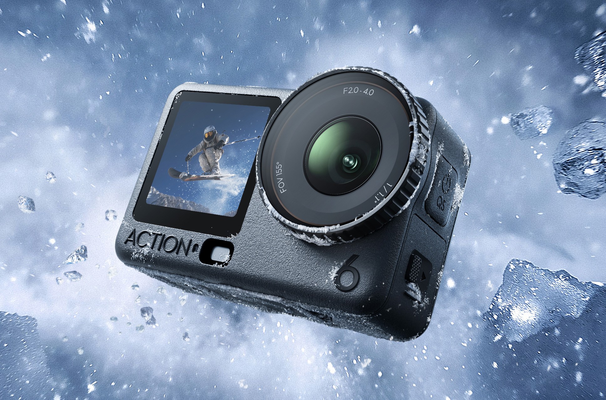 The DJI Osmo Action 6 camera exploding through simulated ice. The DJI Osmo Action 6 camera exploding through simulated ice.
