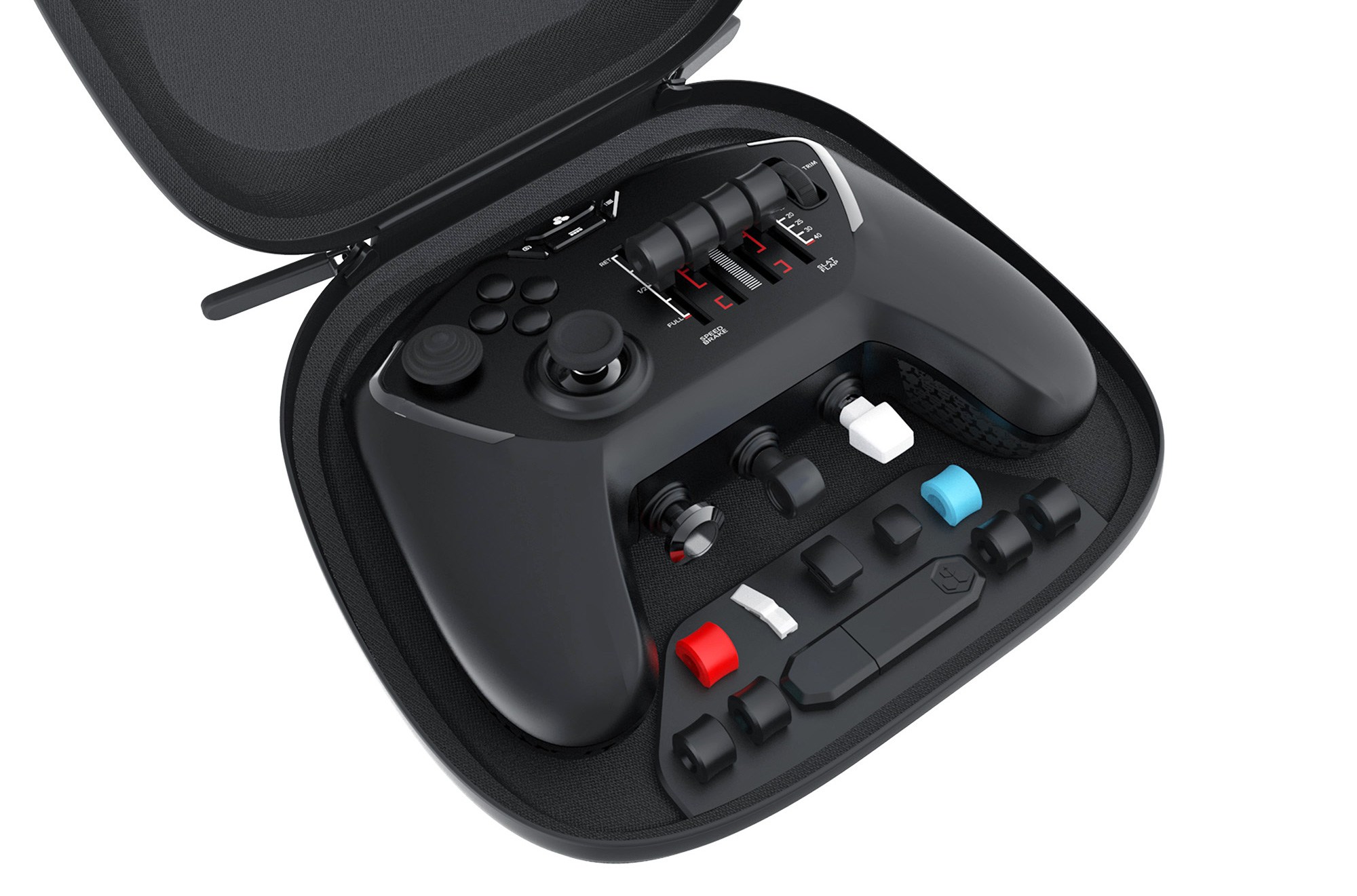 The Echo Aviation Controller inside its hard shell case alongside various accessories.