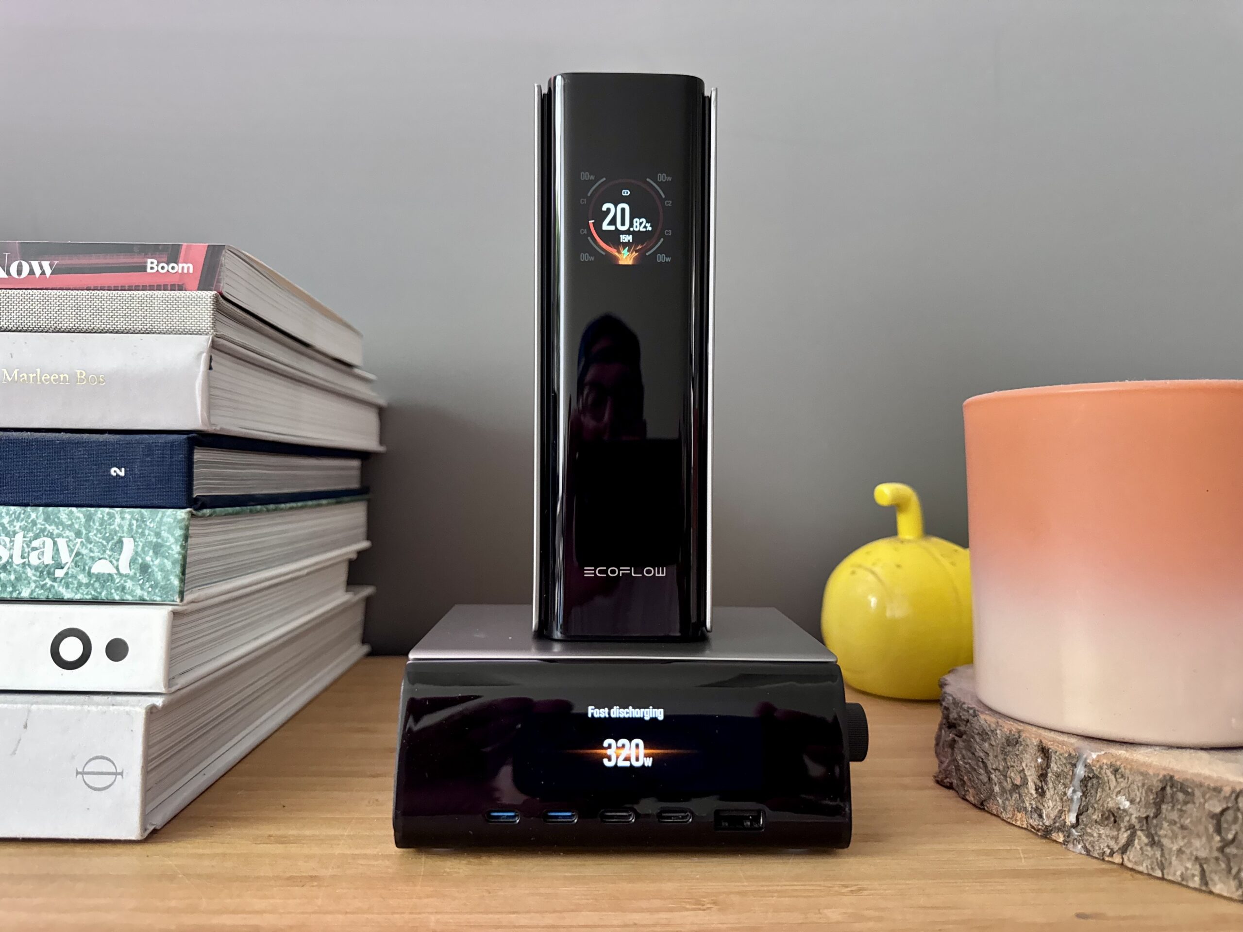 Ecoflow’s Rapid Power Pro power bank on top of its Rapid Pro Desktop charger.