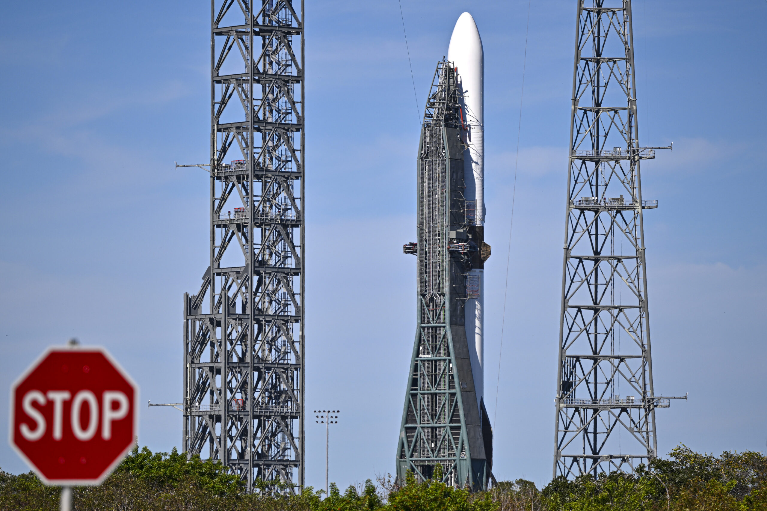 Blue Origin's New Glenn rocket sits at Launch Complex 36 ahead of its launch from Cape Canaveral Space Force Station.
