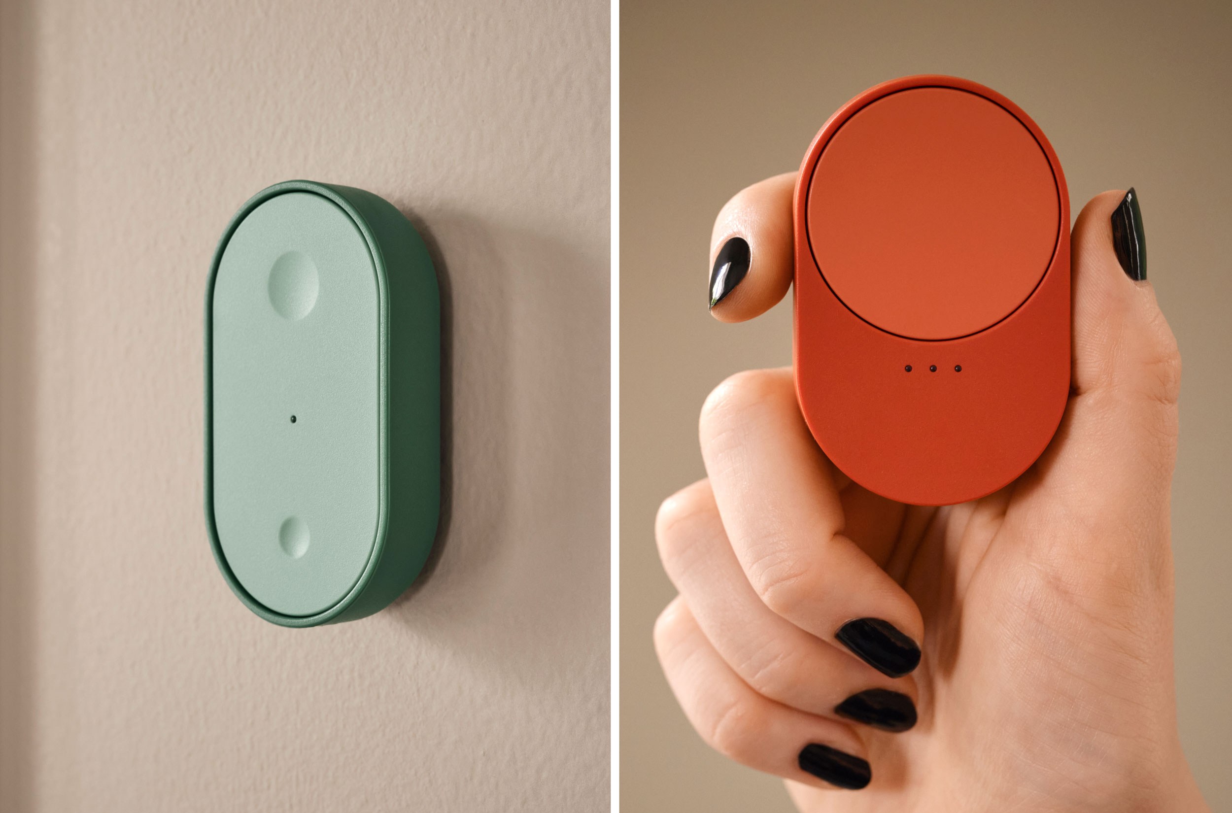 Two pics featuring Ikea’s Bilresa wireless remotes. One is attached to a wall while another is being held.