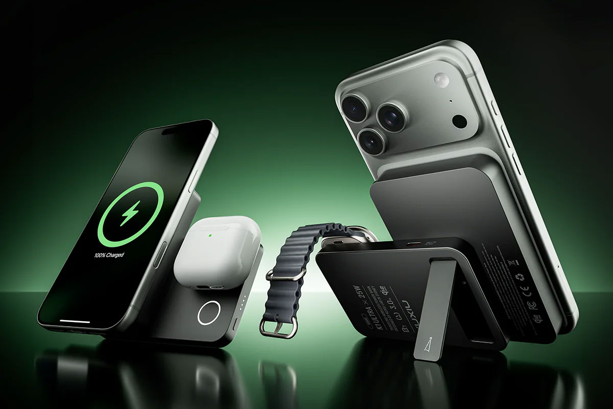 Two Kuxiu K1 Ultra chargers being used to wireless charge iPhone, AirPods, and an Apple Watch.