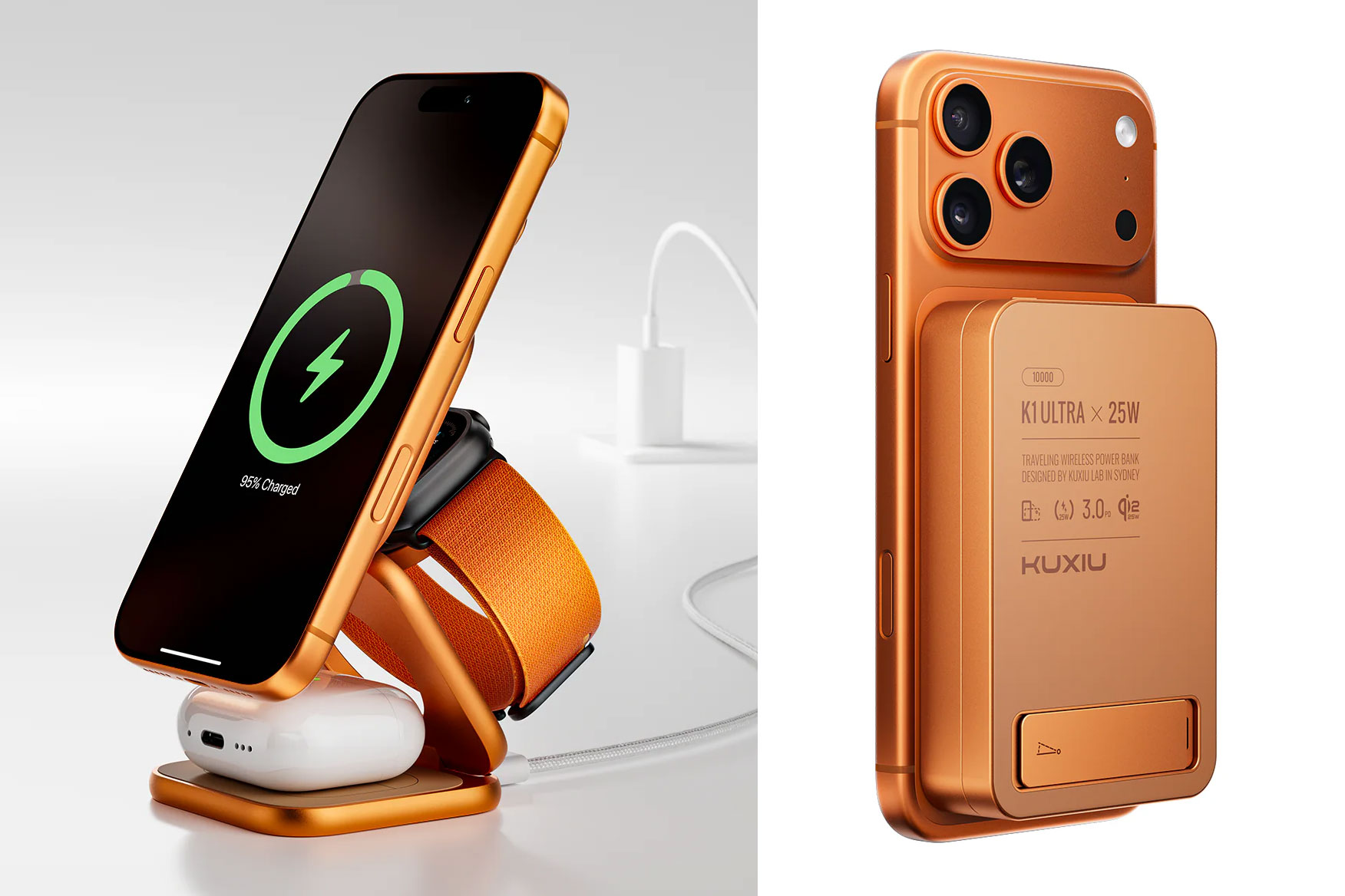 The Kuxiu K1 Ultra power bank and X40 Turbo charging stand pictured in cosmic orange.