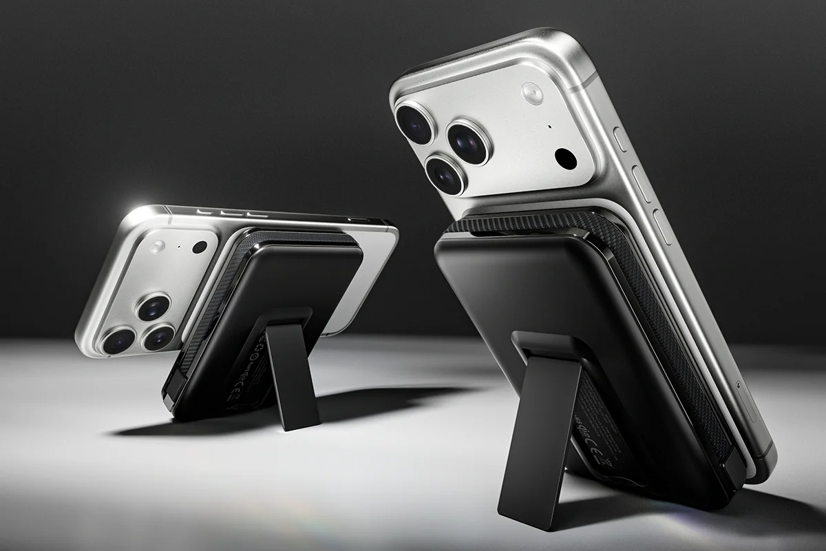 The Kuxiu S3 power bank attached to two iPhones in two different orientations.