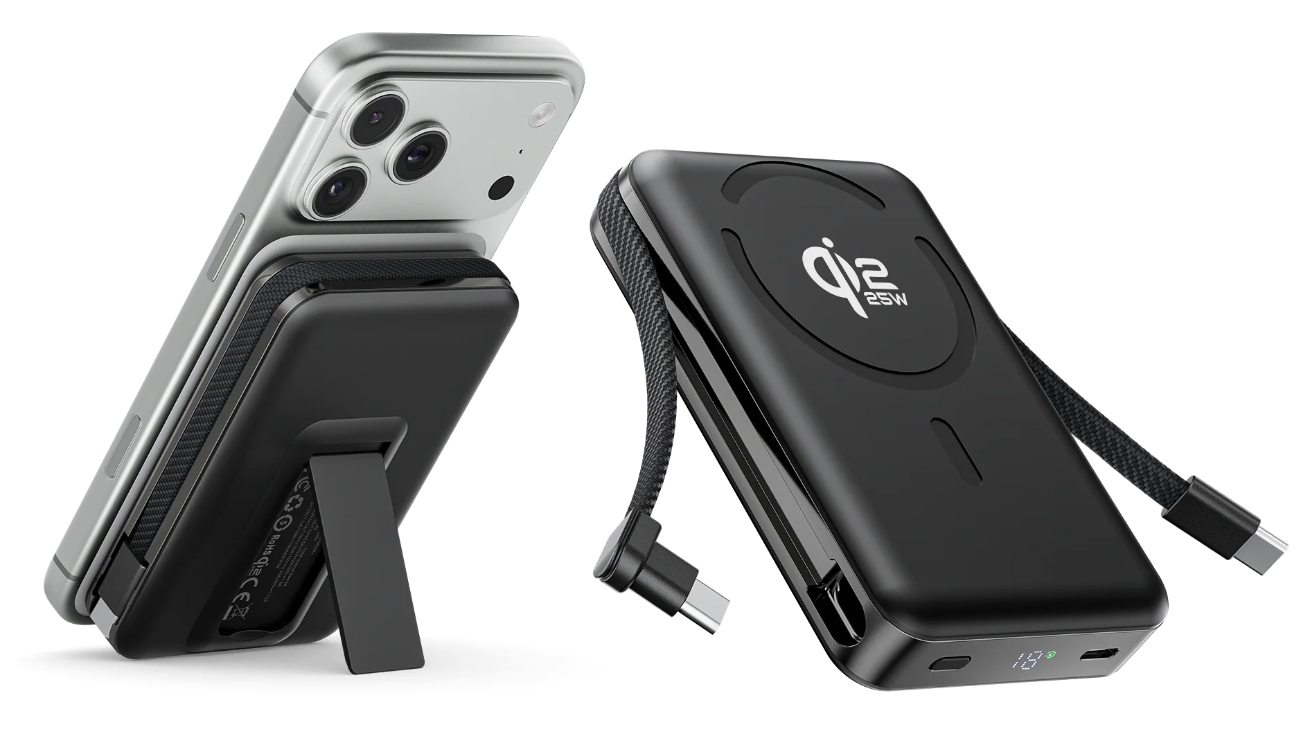 The Kuxiu S3 power bank on its own and attached to the back of an iPhone. The Kuxiu S3 power bank on its own and attached to the back of an iPhone.