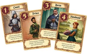 Four cards with different illustrations of medieval-looking people