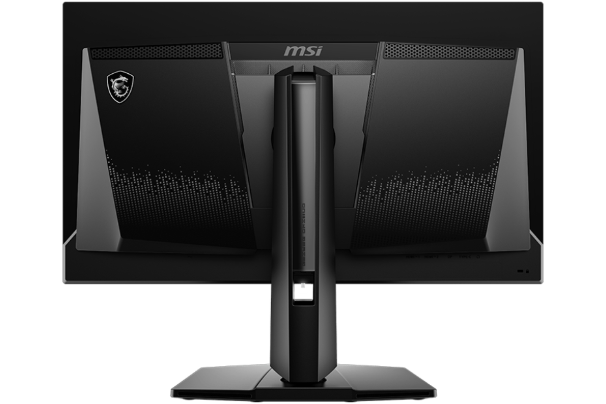 An image of the rear of MSI’s MAG271QPX E2 QD-OLED gaming monitor, showing a plastic design that encloses a heatsink to keep the monitor cool. An image of the rear of MSI’s MAG271QPX E2 QD-OLED gaming monitor, showing a plastic design that encloses a heatsink to keep the monitor cool.