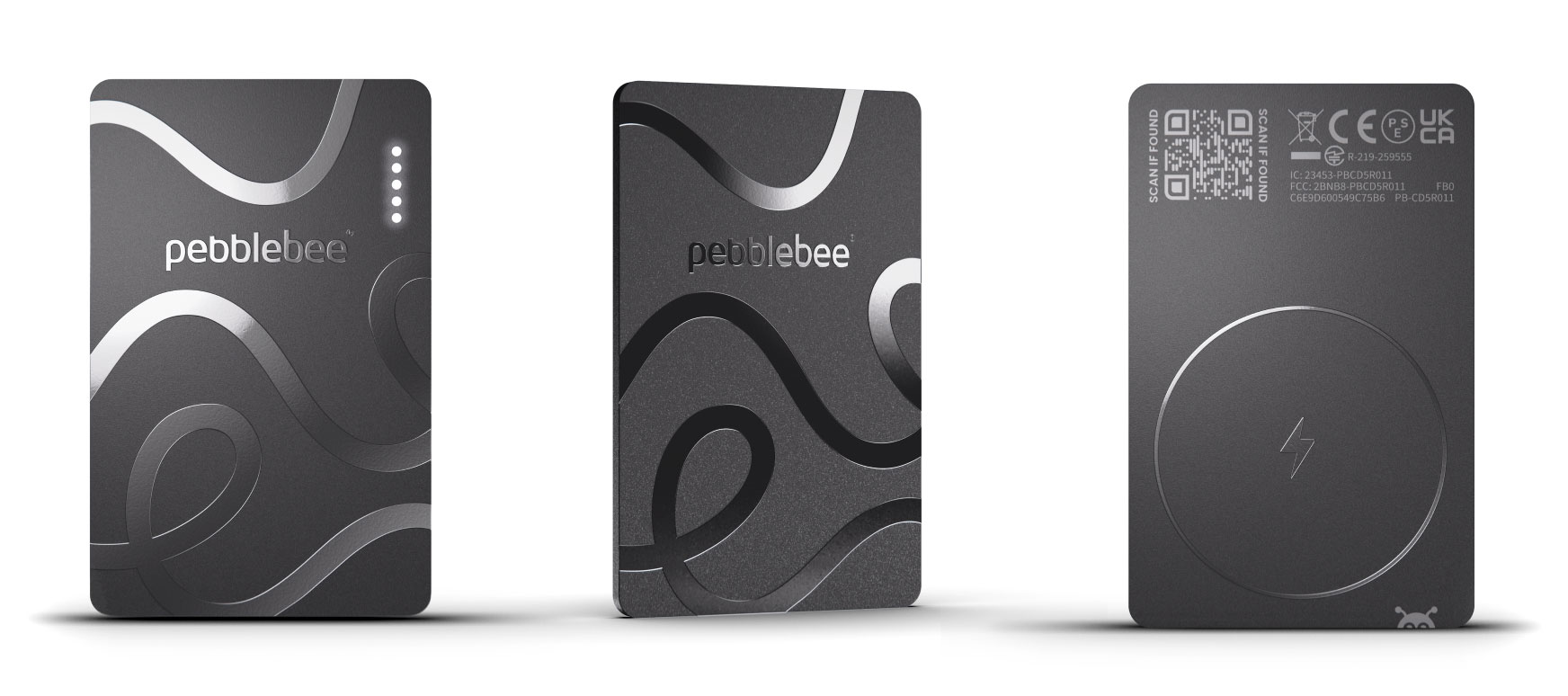 The Pebblebee Card 5 tracker pictured from three different angles.