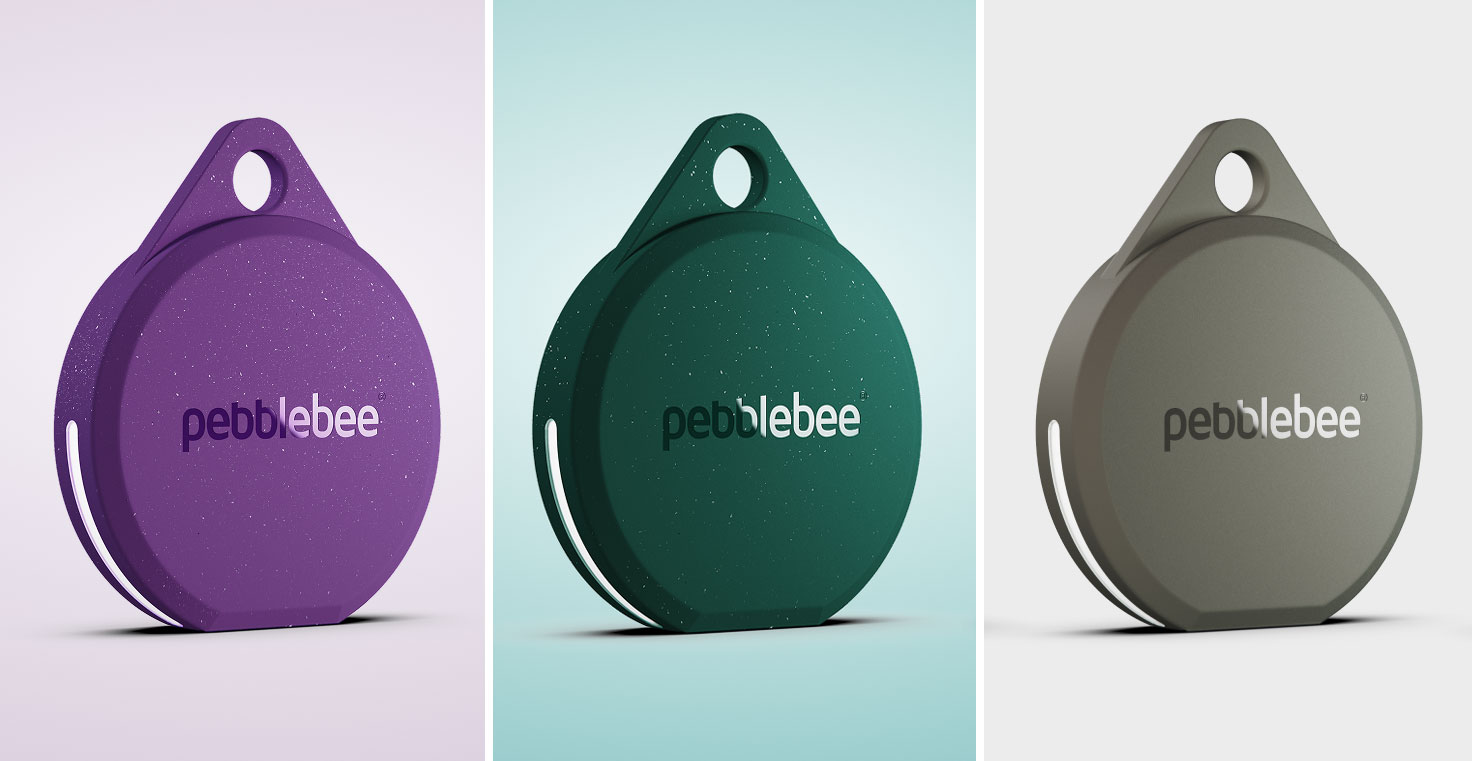 The Pebblebee Clip 5 tracker pictured in three different color options.
