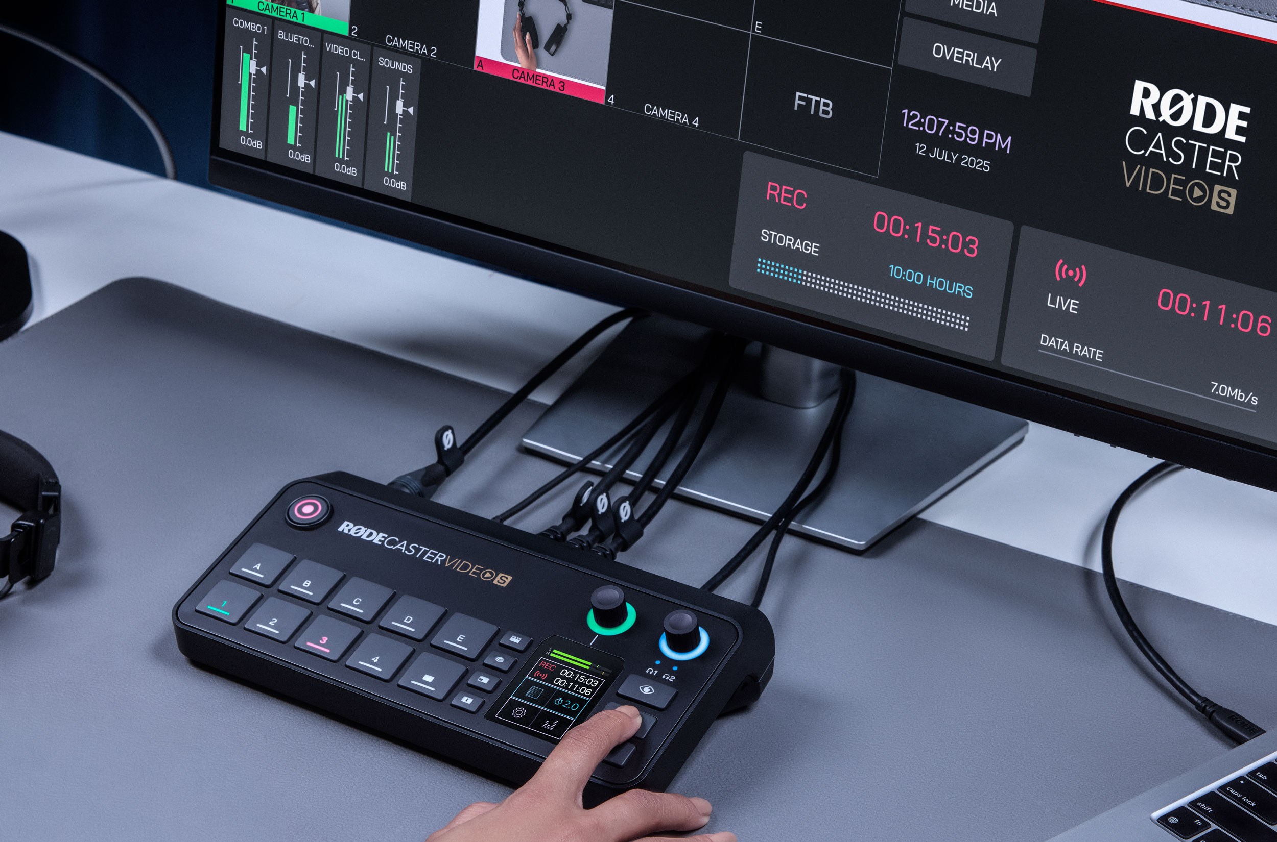 The Rodecaster Video S connected to a display over HDMI showing previews of various inputs.