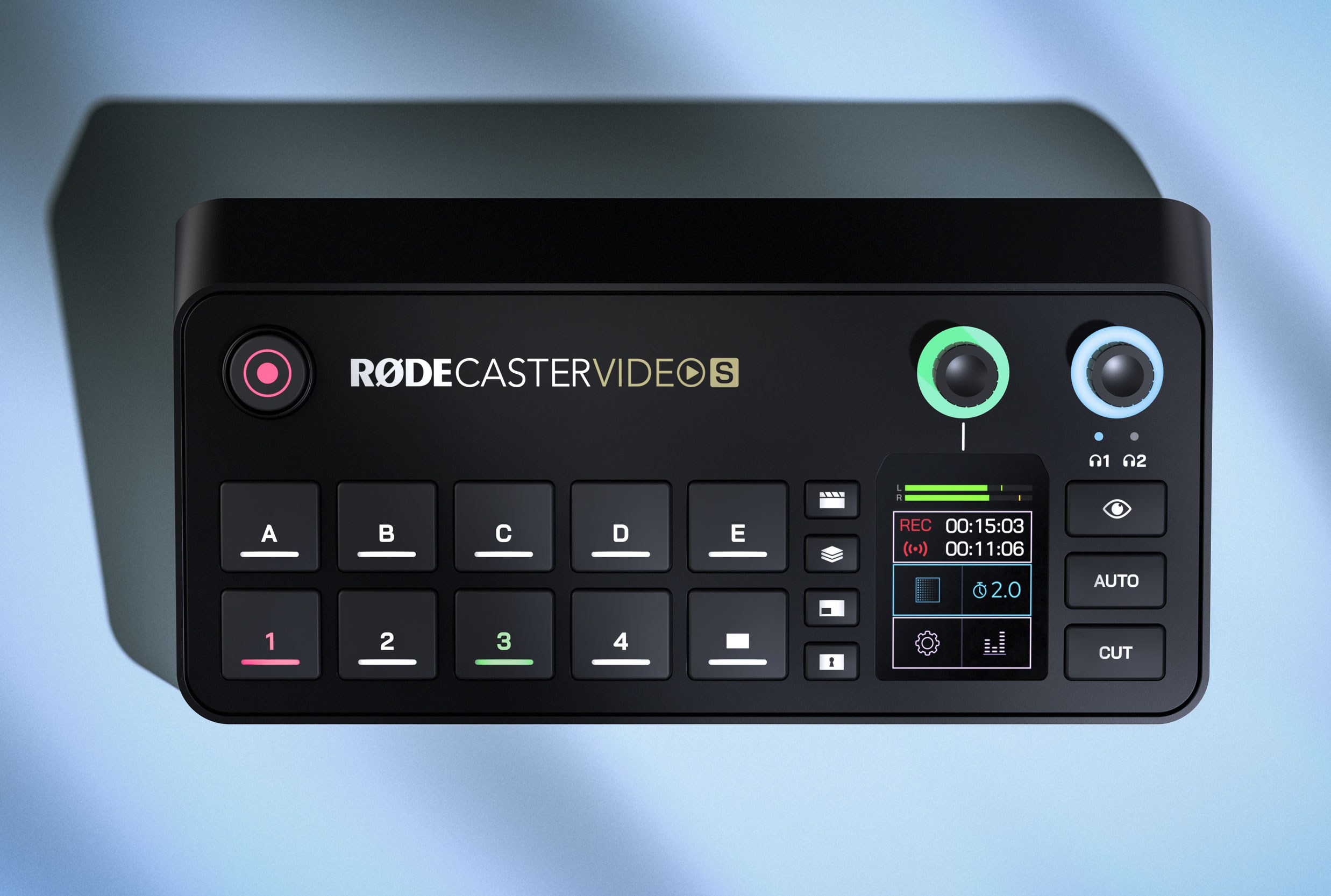 An overhead shot of the screen and buttons atop the Rode Rodecaster Video S console.