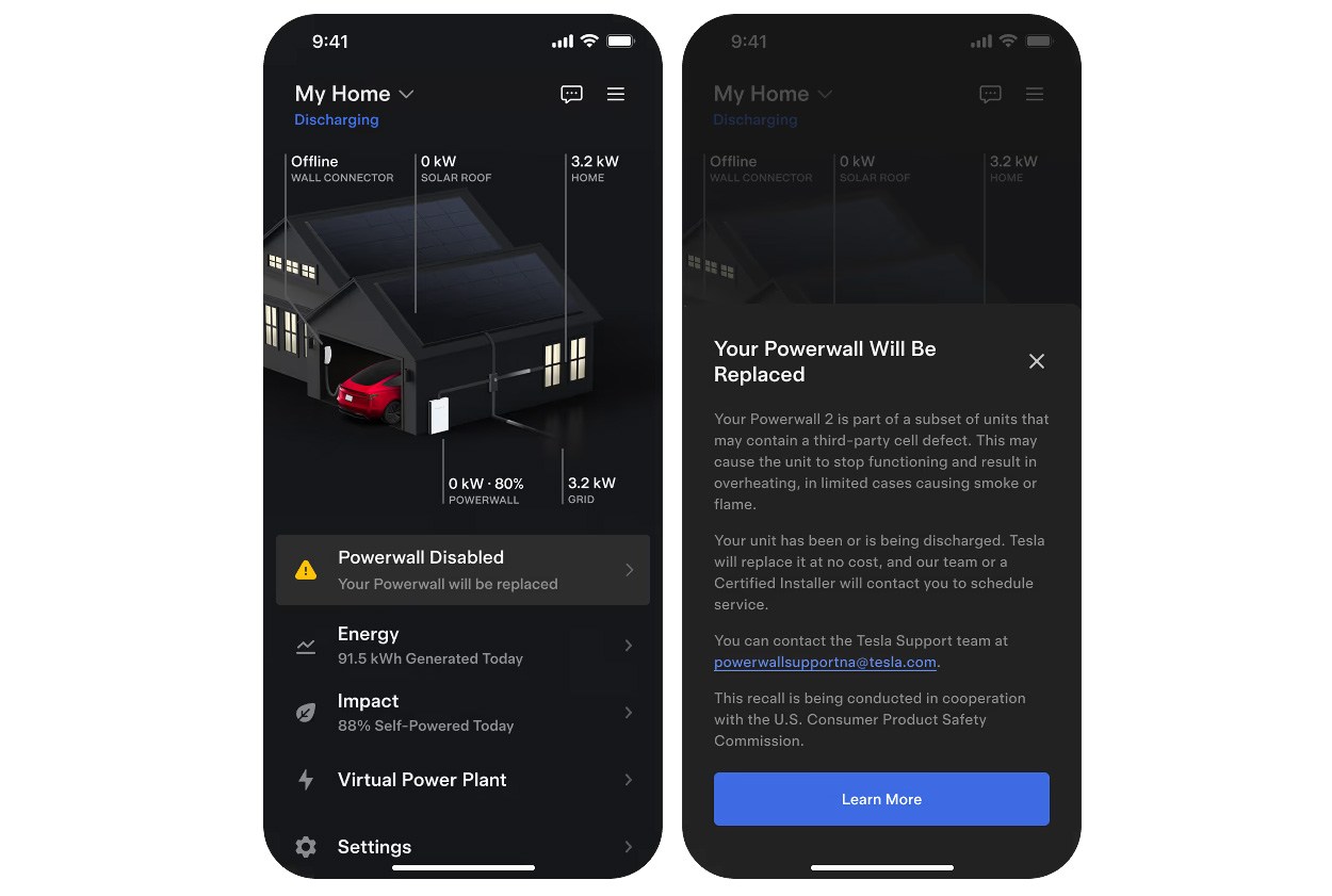 A screenshot of the Tesla mobile app showing a notification sent to customers affected by the recall. A screenshot of the Tesla mobile app showing a notification sent to customers affected by the recall.