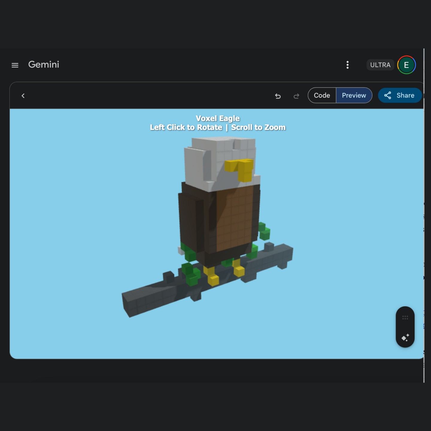 A screenshot of a voxel eagle in Gemini 3