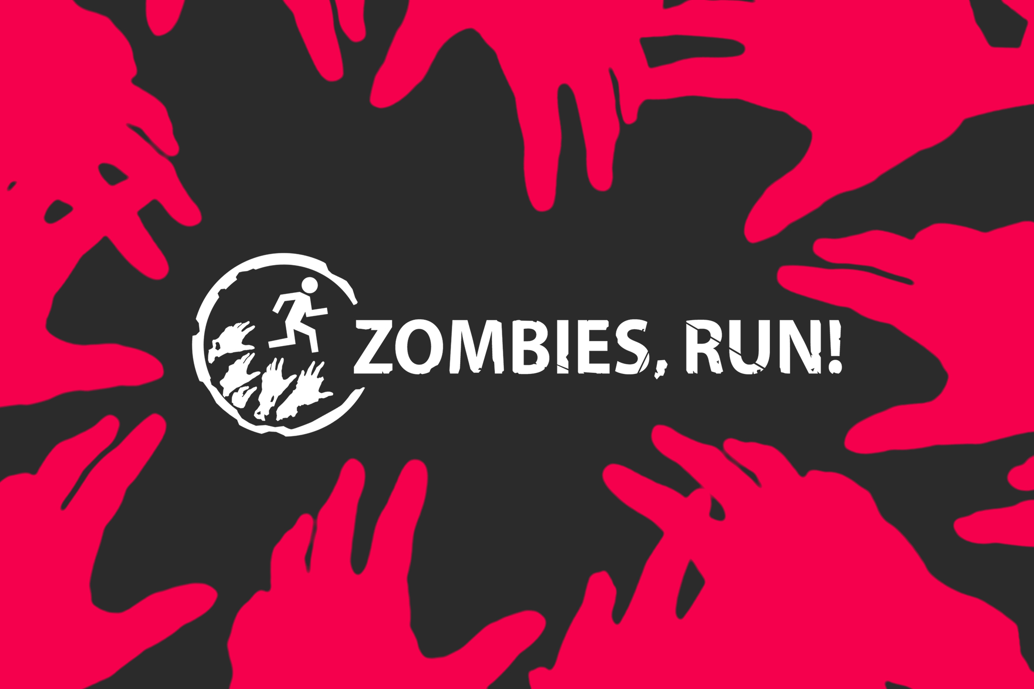 Text showing Zombies, Run title and logo with red hands reaching out around the border