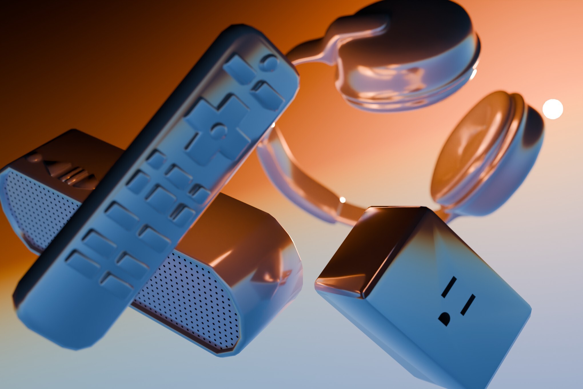 An image with generic tech products floating in an orange gradient background.