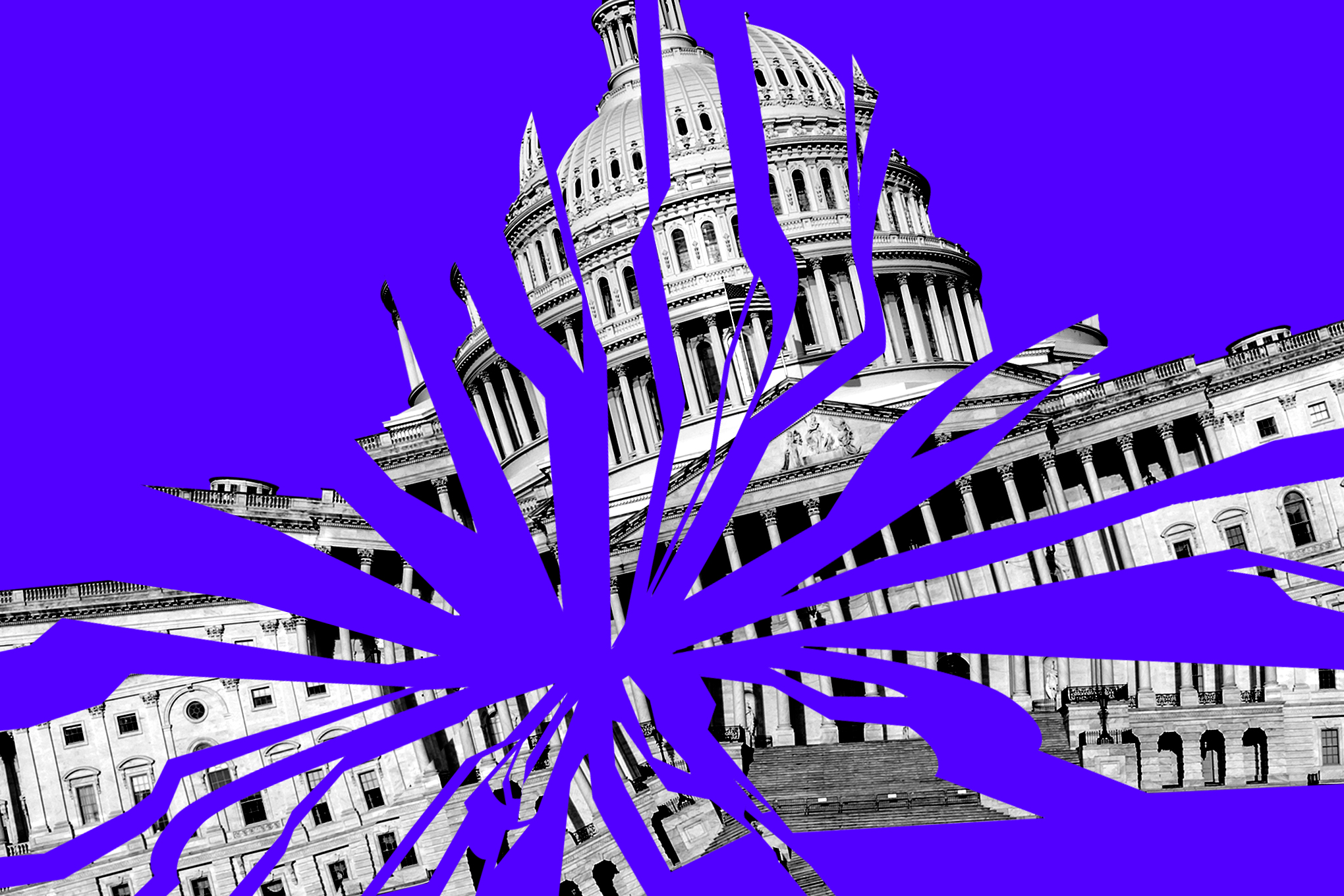Collaged image of the Capitol building shattered on a blue background.